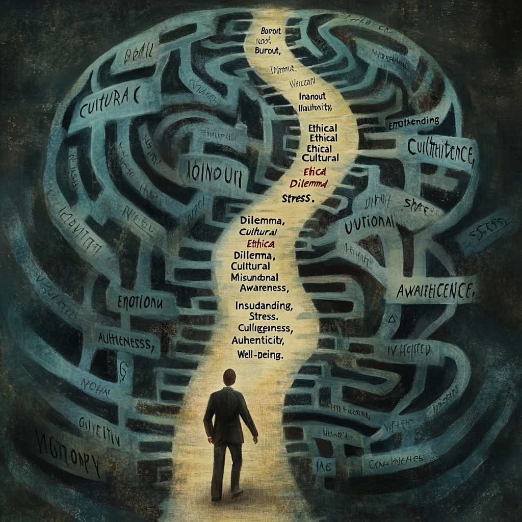 Businessperson blindfolded walking through a minefield labeled with workplace challenges. Professional behavior Workplace psychology Emotional intelligence Burnout Workplace stress Professionalism Career success Workplace culture Ethical behavior
