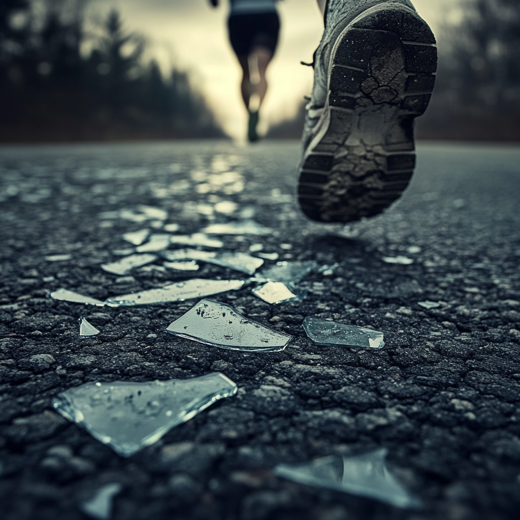 Worn running shoes on broken glass, symbolizing the challenging journey of career development. Career development Career growth Professional development Career success Job advancement Career journey Perseverance in career Time for career growth Unspoken career rules