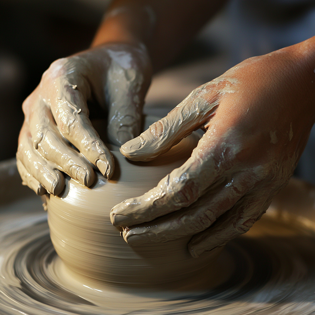 Hands shaping clay on a potter's wheel, symbolizing creation and connection to earth. Clay spirituality