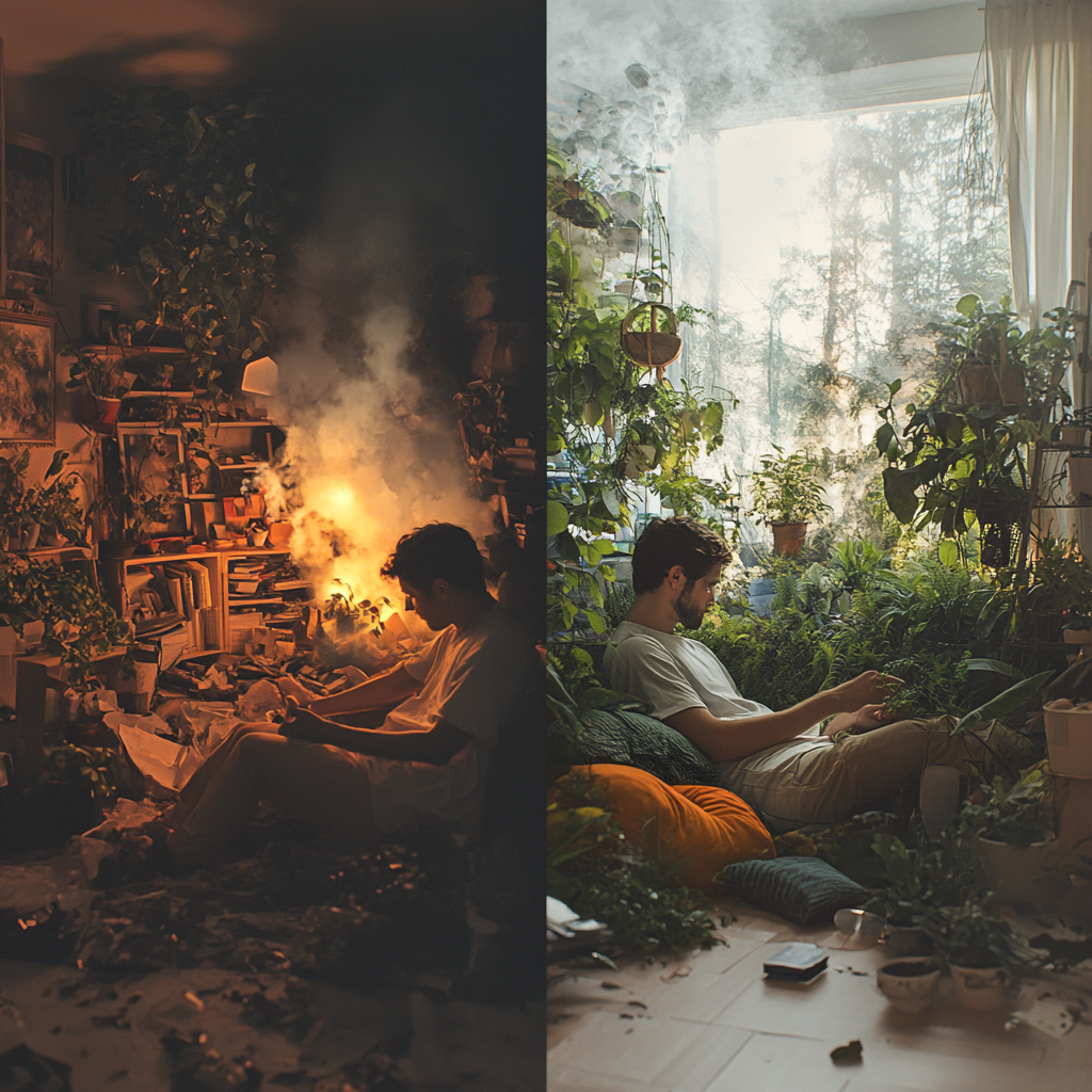 Split image: Stressed person in cluttered room vs. relaxed person in nature, illustrating the impact of environment on well-being. Energy of a place Place energy Environmental psychology Location impact Well-being Positive energy Hidden power of surroundings Space and mind Energetic landscape