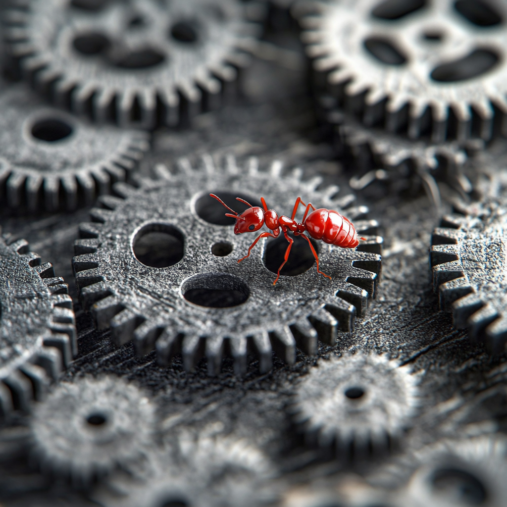 Option 1: A lone red ant walks against the flow of a large group of marching black ants. Option 2: A brightly colored cog stands out slightly from a uniform grid of grey cogs. Option 3: In a uniform office setting, one person's slightly different attire hints at a struggle for individuality. Professional Logic