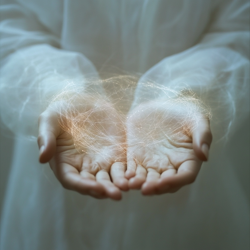 Hands with glowing threads symbolizing the unseen influence of spiritual behavior on decisions. Spiritual behavior, unseen influence, decision-making, intuition, inner guidance, subconscious.