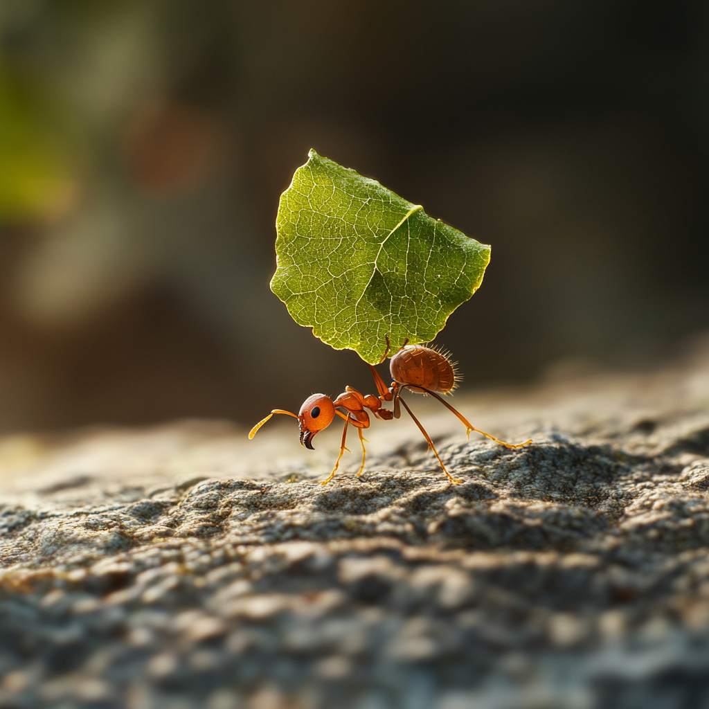A tiny ant diligently carries a large piece of food up a small incline, showcasing strength and perseverance. Career change, Resilience, Periodic disruption, Growth, Hard work