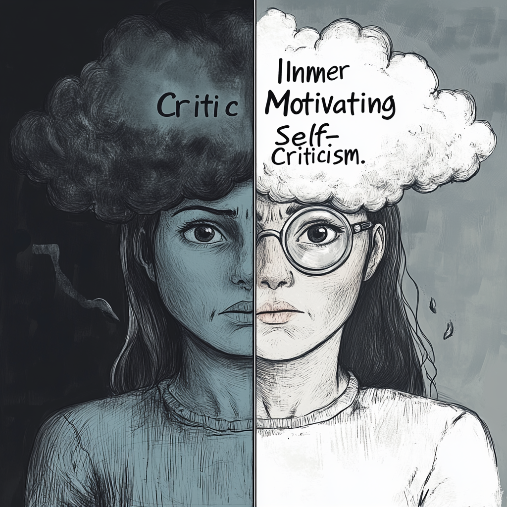 Split image showing the transformation of a negative "Inner Critic" into a positive "Motivating Self-Criticism" leading to focus and determination. Self-criticism Professional success Productivity Motivation Self-improvement Reflective practice Inner critic Work methods Career growth