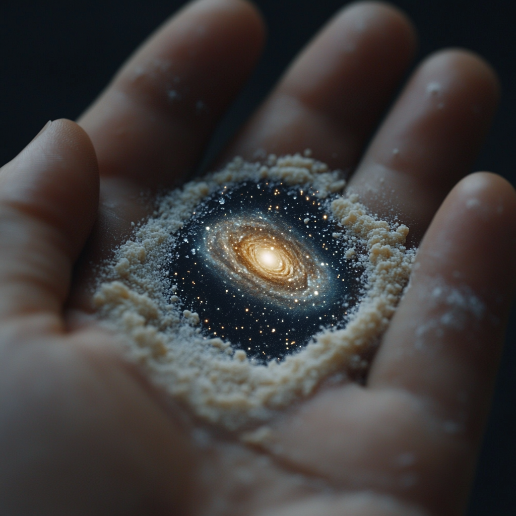 A single grain of sand in a hand reflects a swirling galaxy, symbolizing the universe contained within a small object. Universe within, small object, cosmos, interconnectedness, potential, perspective.
