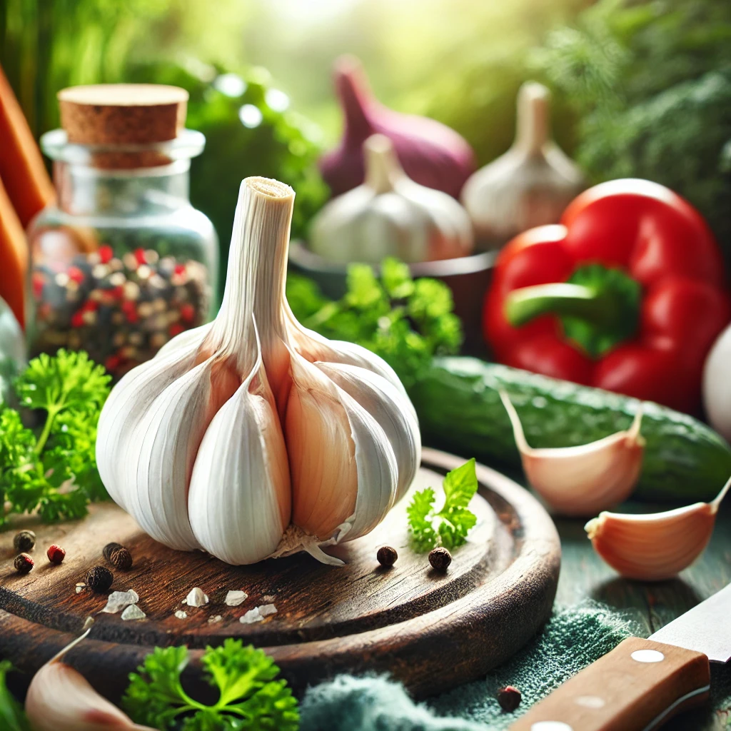 "Fresh garlic bulb with peeled cloves surrounded by healthy vegetables, representing the powerful health benefits of garlic." garlic, health benefits, immune system, cardiovascular health, detox, cancer prevention, performance enhancement, anti-inflammatory, gut health, antioxidants.