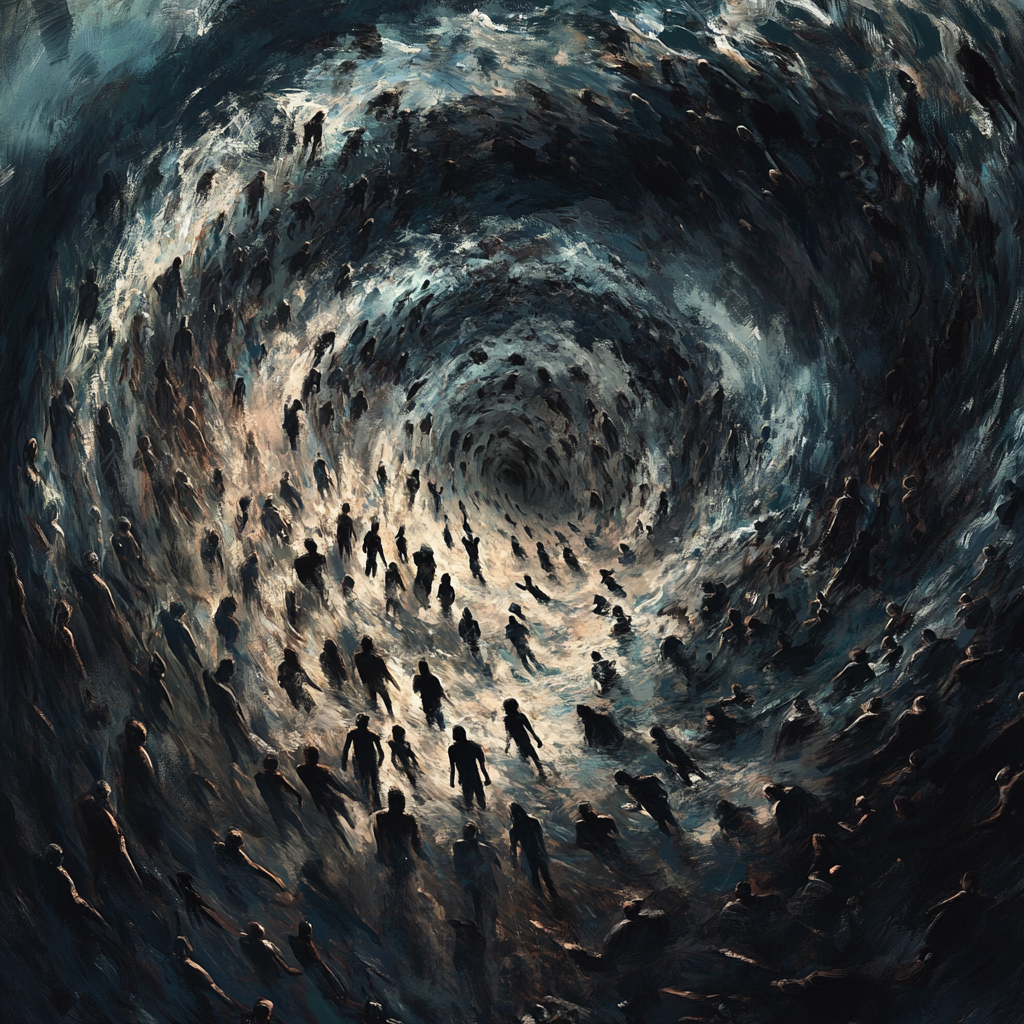 "A massive crowd moving in a spiral, subtly controlled by unseen figures in the background, symbolizing the power dynamics of ruling elites." Crowd Energy Mass Manipulation Ruling Families Power and Control Psychological Influence Social Engineering Hidden Forces Elite Control