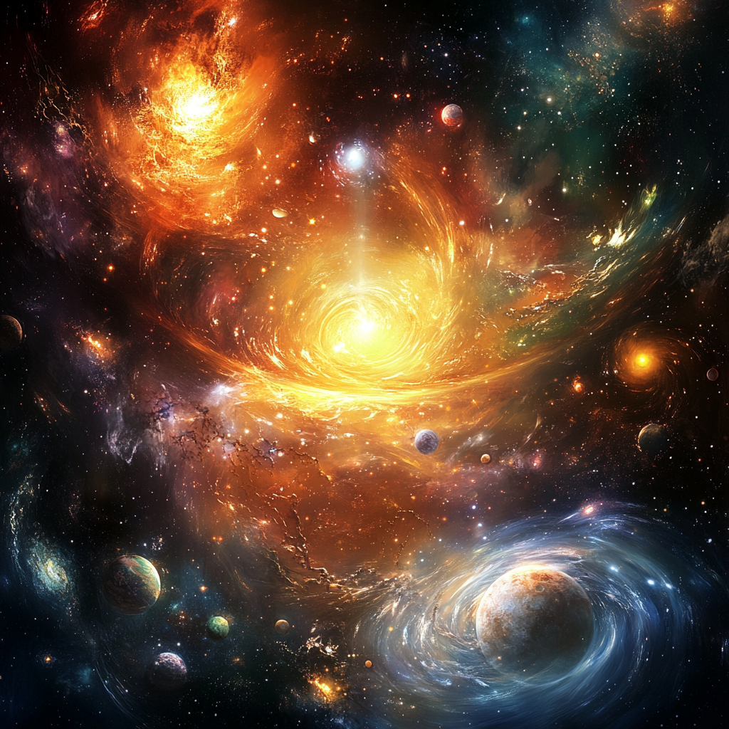 A cosmic scene showcasing the universe with swirling galaxies and a symbol of divine intelligence at its center, representing the connection between the universe’s maker, its laws, and the quest for truth. Universe Maker, Truth, Divine Laws, Cosmic Order, Spiritual Journey, Higher Intelligence