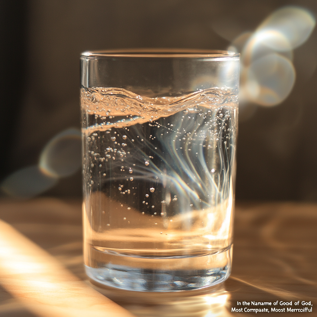 A glass of water illuminated by soft light, with ripples on the surface and energy waves radiating outward, symbolizing water's connection to the vibrations of thoughts and words. Water memory, spiritual filtering, energy of water, water vibrations, healing properties of water, water and thoughts, water and words, water blessing, hydration and soul.