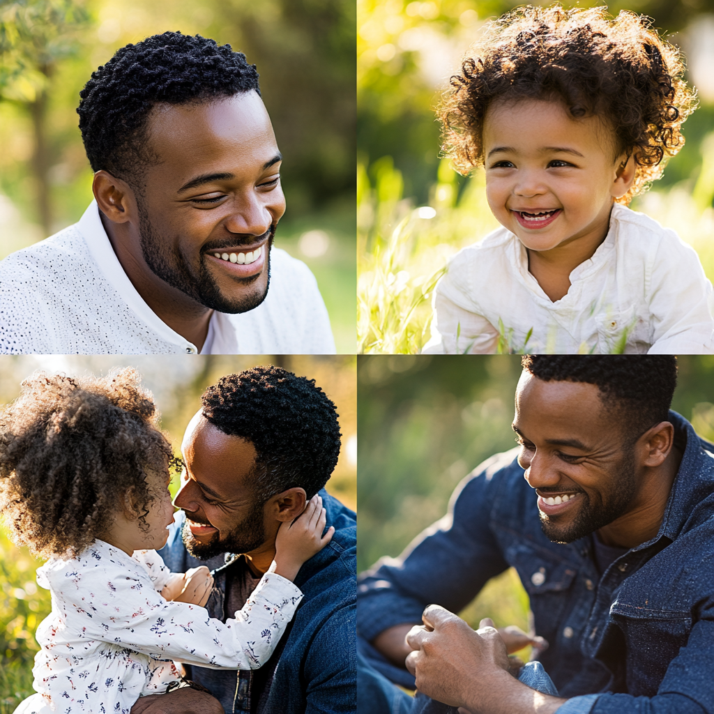 A collage of fathers from different cultures interacting with their children—playing, guiding, providing, and sharing joyful moments. The image embodies the various energies that fathers bring to their children's lives: encouragement, support, love, and wisdom. Fatherhood, Father's Energy, Encouraging Father, Provider Father, Spiritual Father, Playful Father, Parenting, Family Bonding, Father-Child Relationship, Emotional Support, Strength, Love, Guidance