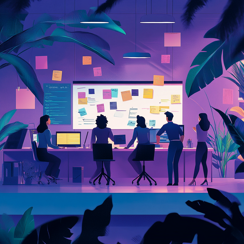 A diverse team collaborating in a modern, open office space with natural light and greenery. team work, collaboration, productivity, office environment, teamwork, cooperation, synergy, unity, togetherness, partnership