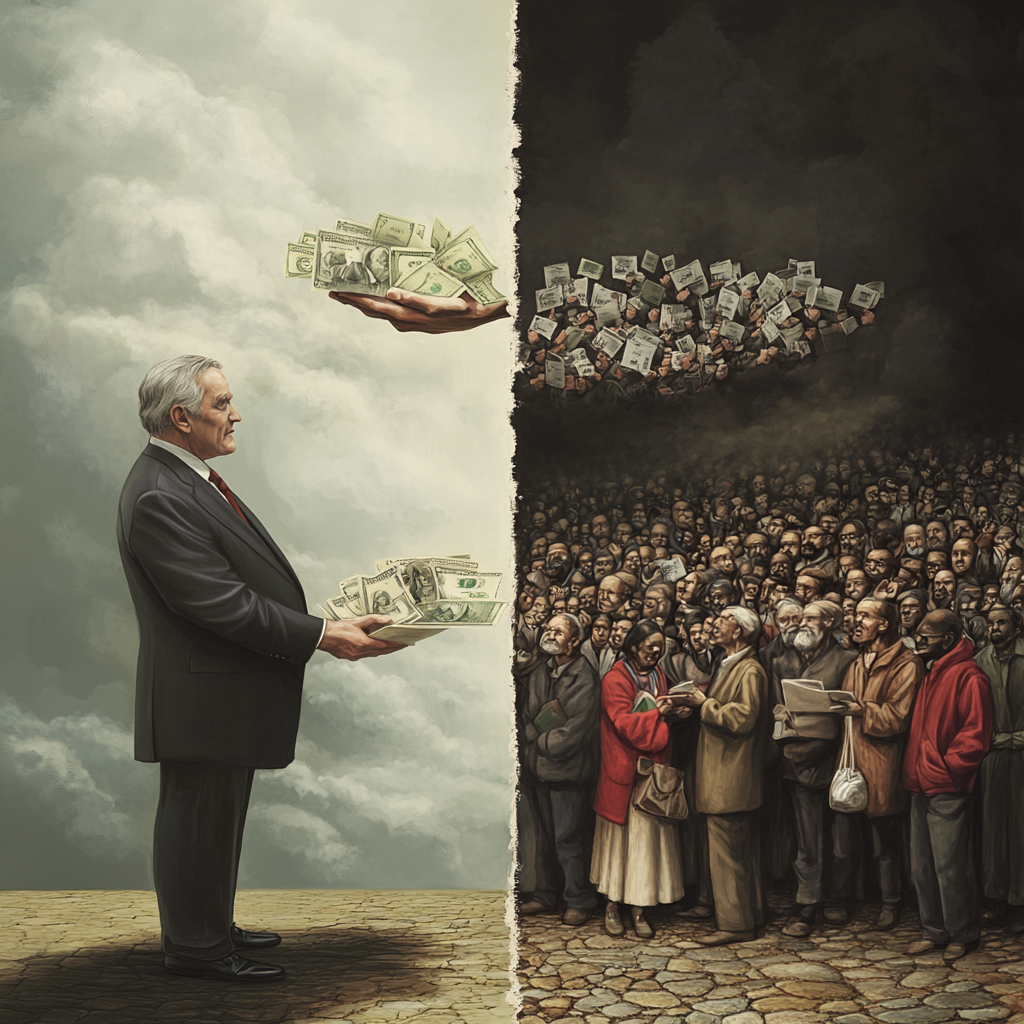 "The paradox of force support: powerful individuals receiving financial assistance on one side and marginalized groups receiving charity on the other, symbolizing the imbalance in societal support systems." Financial Support, Moral Support, Power Paradox, Empowering the Weak, Economic Growth, Societal Value