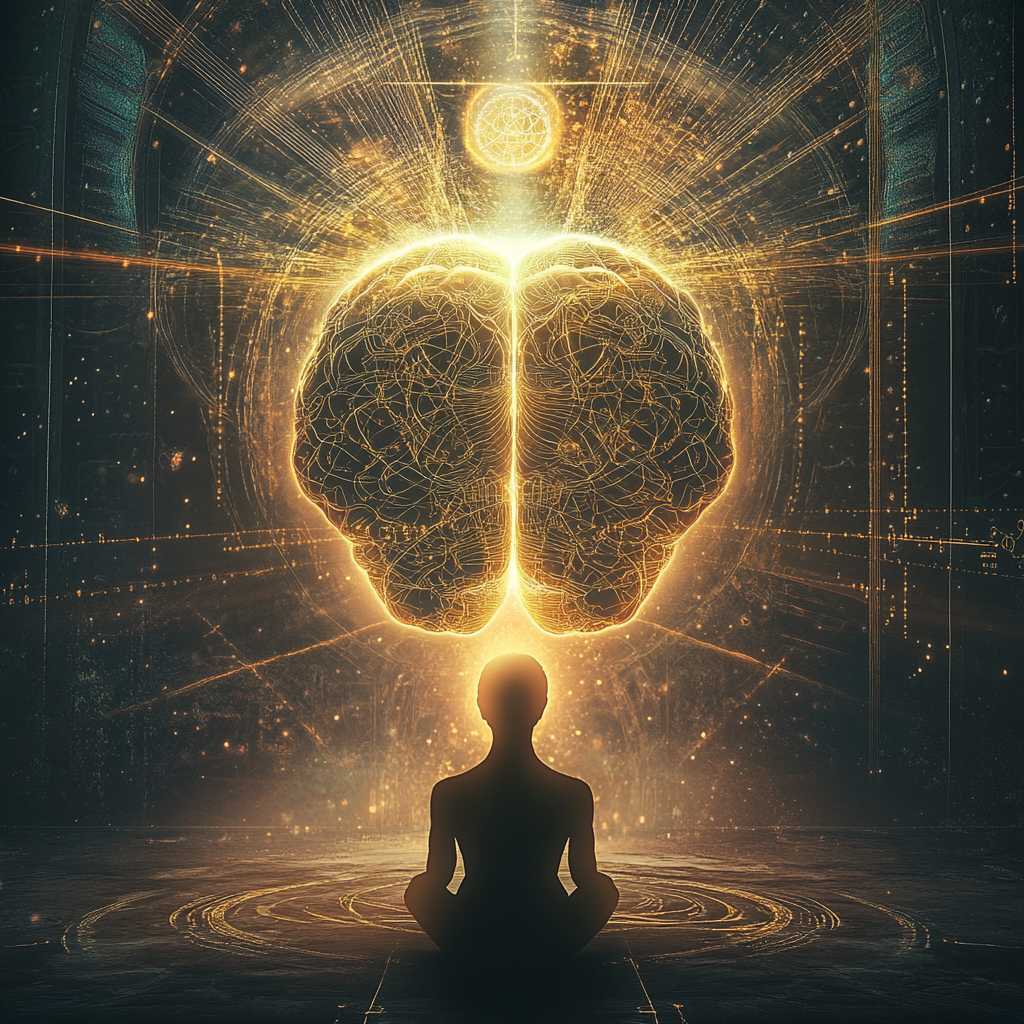 A surreal landscape with a glowing tree at its center, its branches reaching out like a network of interconnected ideas. The tree is surrounded by swirling patterns and symbols, representing the vastness of knowledge and the interconnectedness of all things. Adam's Memory Self-Discipline Intuition Knowledge Enlightenment Personal Growth Spirituality Consciousness Transformation