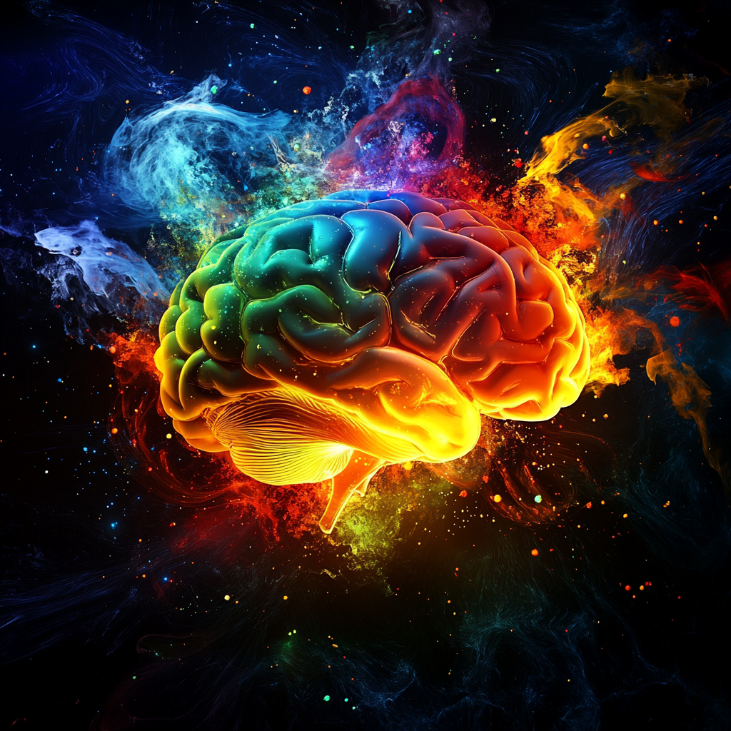 "A glowing brain radiating energy, surrounded by colorful abstract waves, symbolizing the limitless power of imagination and creativity." Imagination, creativity, limitless potential, visualization, mind power, mental expansion, innovation, subconscious, inspiration, success mindset.