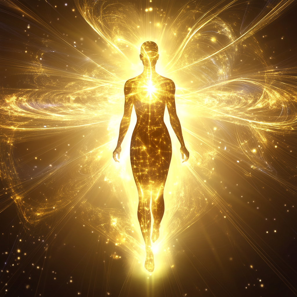 A luminous figure radiating golden energy, symbolizing enhanced vitality and spiritual protection. Energy raising, vitality, protection, spiritual power, aura cleansing, vibrational frequency, self-healing, life force, balance, inner strength.