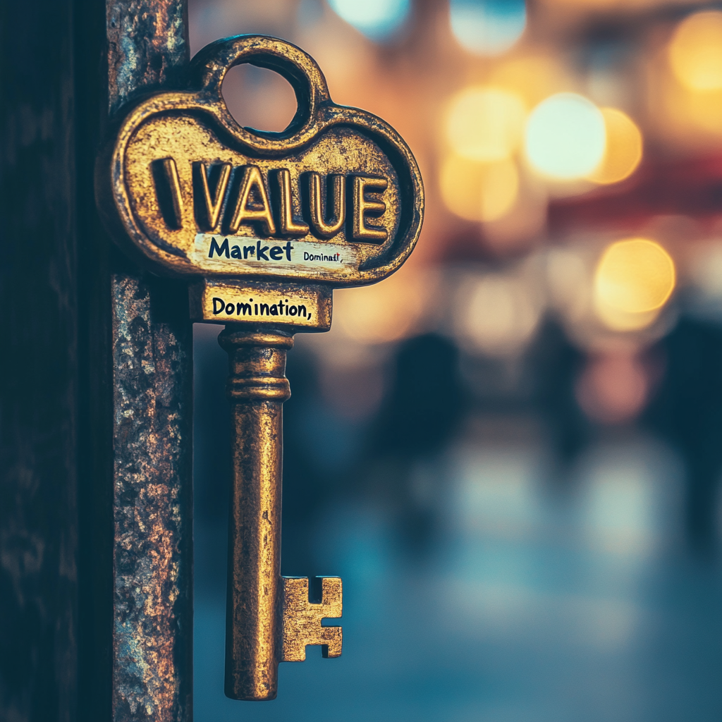A golden key labeled "VALUE" unlocking the door to "Market Domination," representing how businesses achieve success through value creation. Value marketing, brand dominance, exclusivity, customer loyalty, competitive advantage, business growth, innovation, market leadership, ethical branding, premium service.