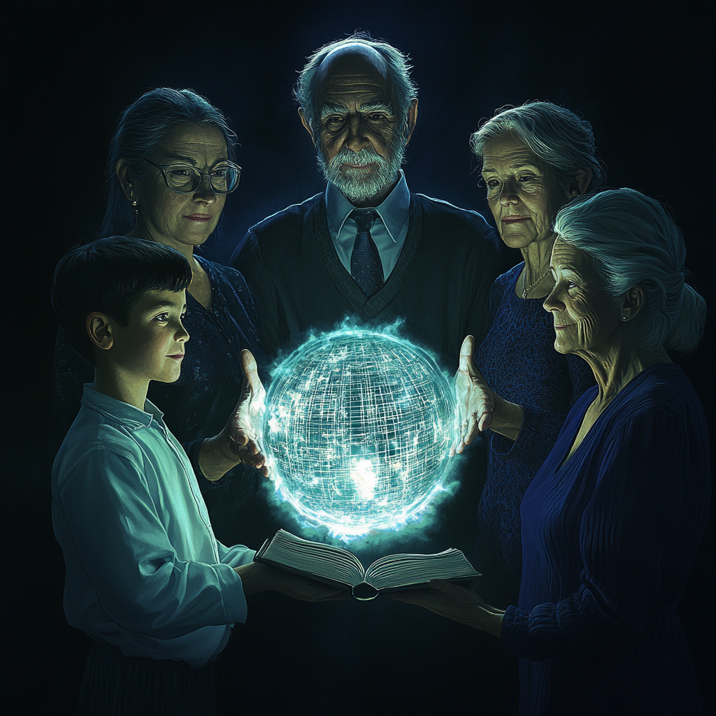 A symbolic representation of generational knowledge, featuring a teenager holding a glowing book while their parents and grandparents stand behind, illustrating the power of wisdom passed down through generations. Generational wisdom, mind-building, legacy of knowledge, parenting strategies, teenage growth, intellectual development, future success, lifelong learning, self-improvement, cognitive blueprint.