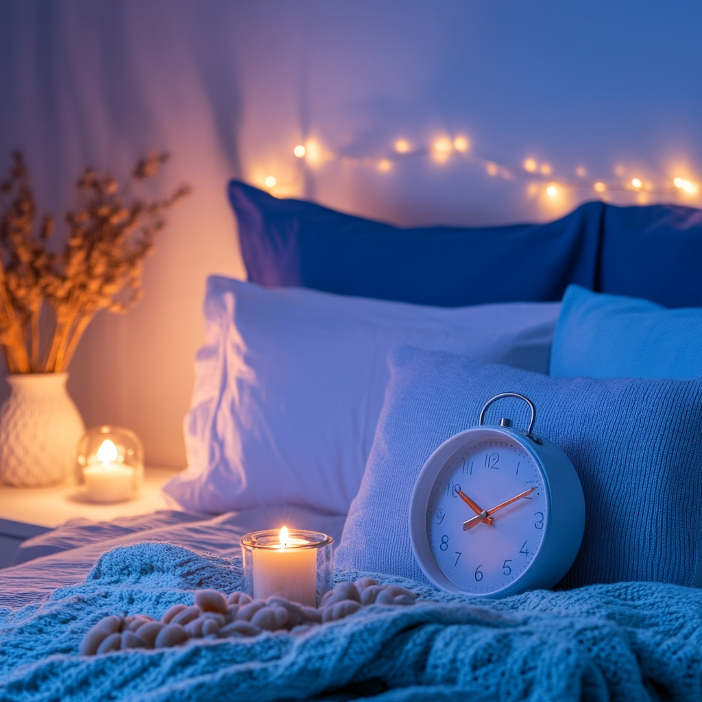 A serene bedroom promoting healthy sleep, with a clock showing bedtime and soft lighting to symbolize restful sleep and its health benefits. Healthy Sleep, Immunity, Health, Restful Sleep, Vaccination, Body Recovery, Optimal Health, Sleep Hygiene