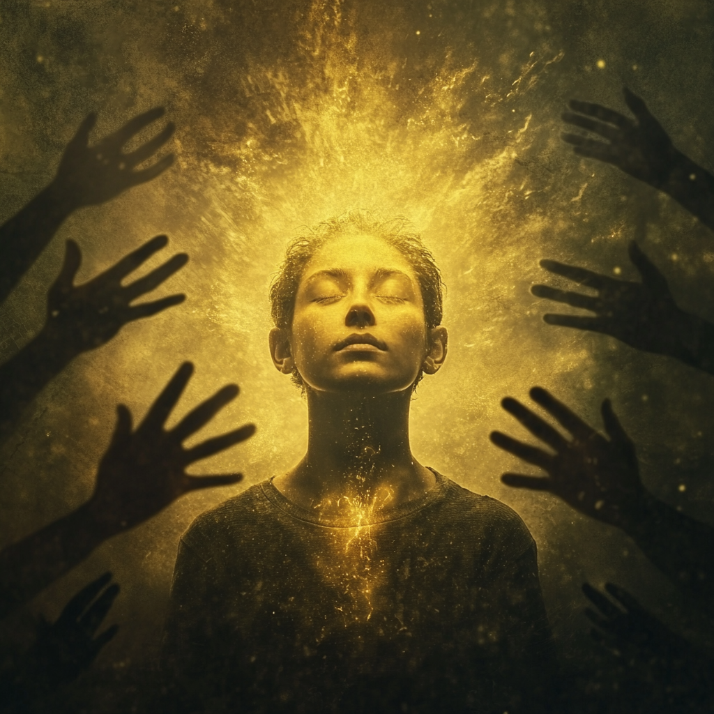 Person meditating with golden light emanating from their chest, surrounded by shadowy figures seeking advice. Ethereal Paths to Money