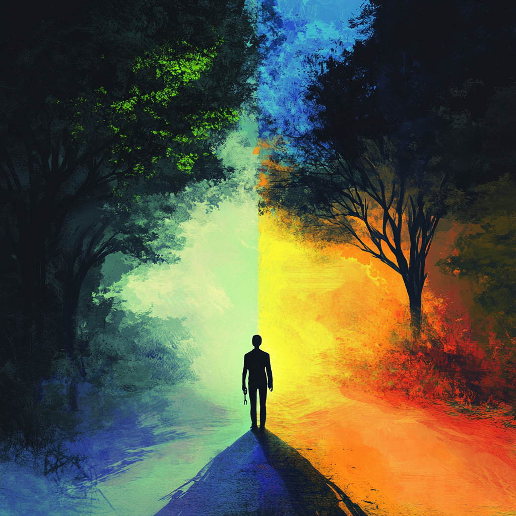 A person at a crossroads, holding a key, standing between two paths—one representing the inherited limitations of race and heritage and the other symbolizing cognitive freedom and limitless potential. Cognitive Extension, Race and Heritage, Personal Potential, Empowerment, Freedom, Legacy, Self-Transformation