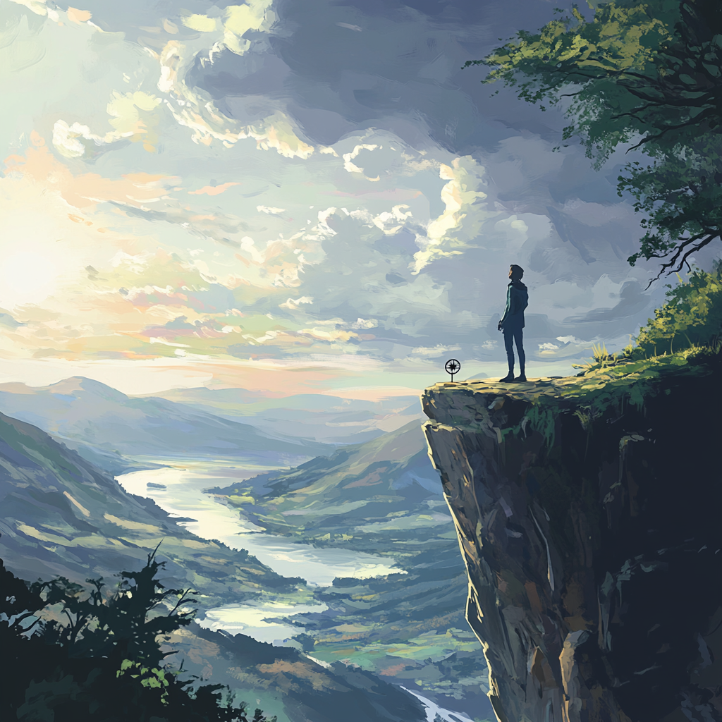Person with compass overlooking a vast landscape, symbolizing calculated adventure. Calculated Adventure