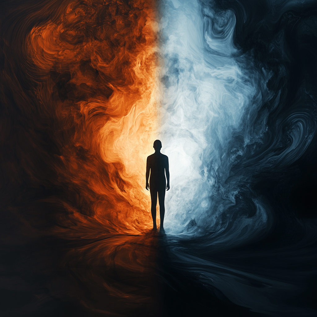 A figure standing at the threshold of light and darkness, symbolizing the journey of transforming inner shadows into strength. Shadow energy, transformation, self-mastery, personal power, healing, self-awareness, growth, subconscious, inner strength.