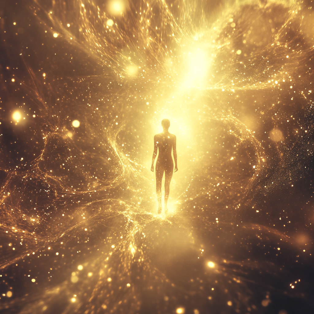 A person embracing light energy, symbolizing inner cleansing and life transformation for success. Energy cleansing, reprogramming life, success mindset, personal transformation, emotional detox, vibrational energy, self-renewal, spiritual alignment, mental clarity.