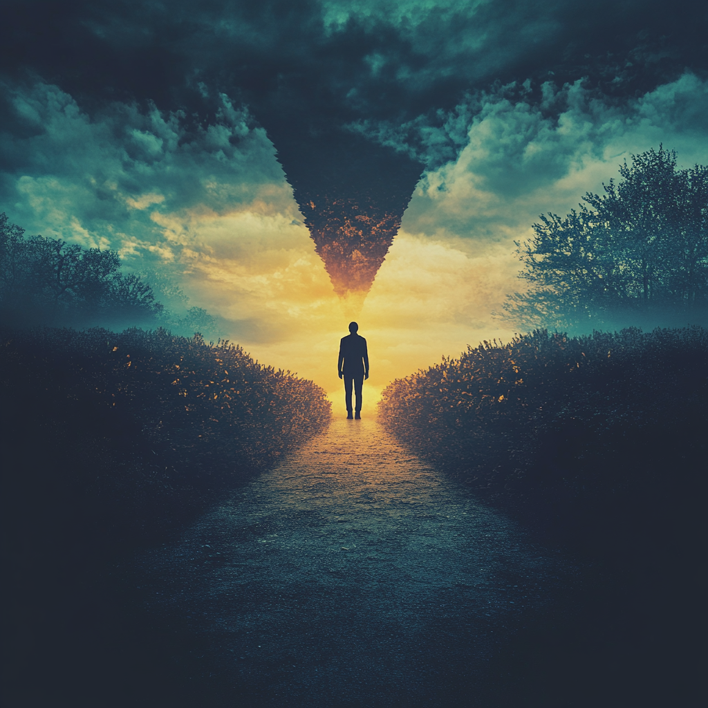 A person standing between two paths, symbolizing the choice between submissiveness and self-assertion for personal growth. Submissiveness, Personal Growth, Self-Confidence, Assertiveness, Self-Care, Empowerment, Boundaries, Self-Reflection