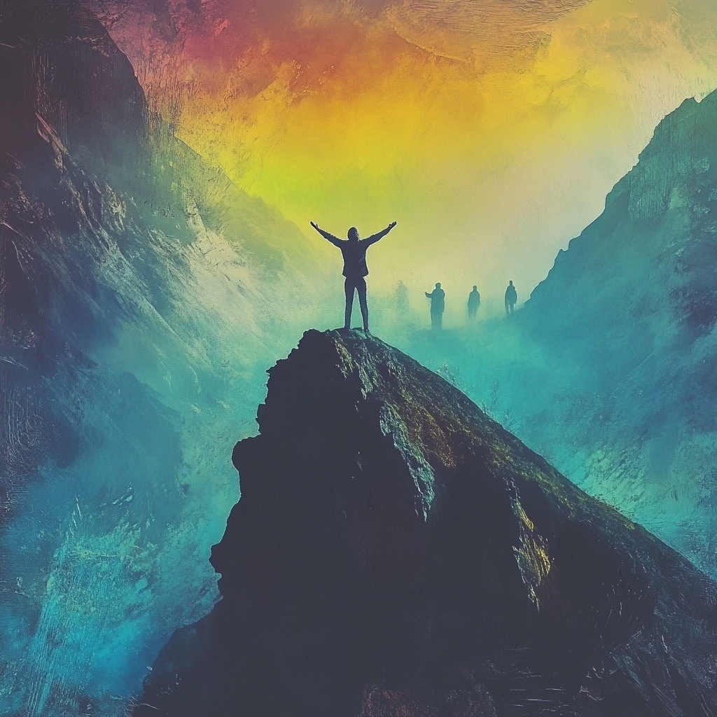 "A joyful person standing atop a mountain, radiating confidence and success, while others remain in the mist below." Happiness, personal growth, evolution, mindset shift, self-improvement, success, emotional intelligence, transformation, motivation, high performance.