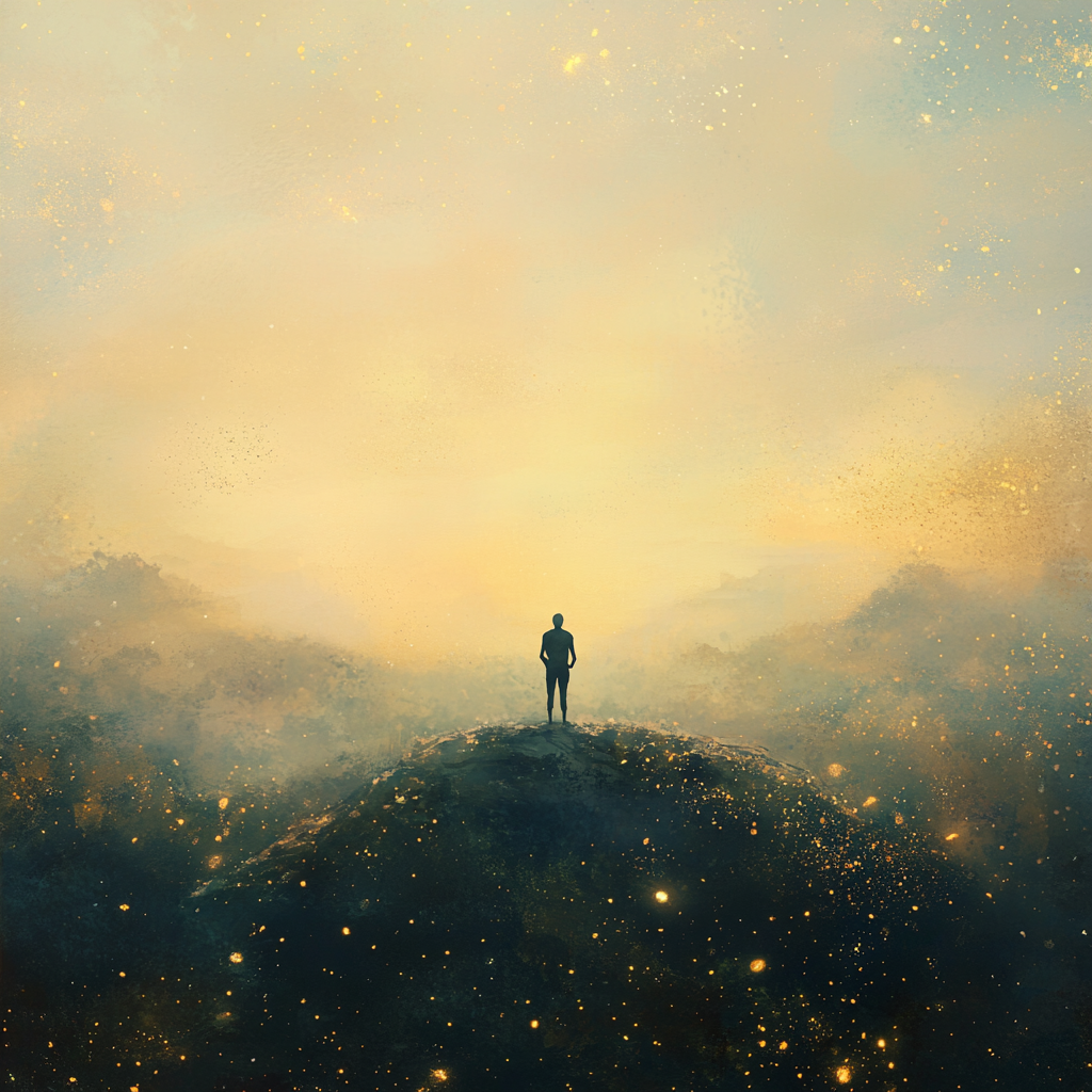 A person standing on a cliff, arms wide open, gazing at a limitless horizon symbolizing freedom and the breaking of intellectual slavery. Intellectual Slavery, Empowerment, Self-liberation, Defining the Horizon, Limitless Possibilities