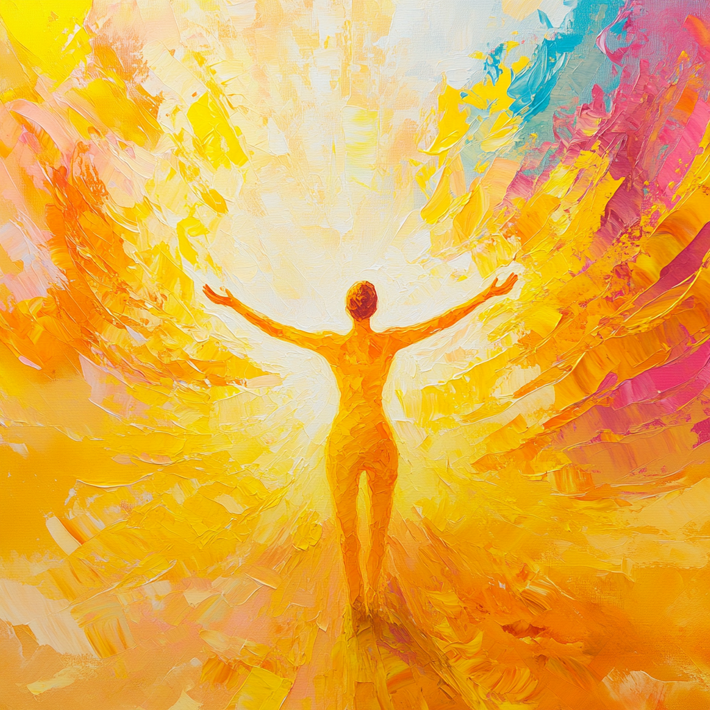 A person standing with arms wide open in golden sunlight, surrounded by radiant waves of joy and energy, symbolizing happiness and personal growth. Energy of Joy, Happiness, Personal Growth, Positive Mindset, Gratitude, Joyful Living, Unlocking Happiness