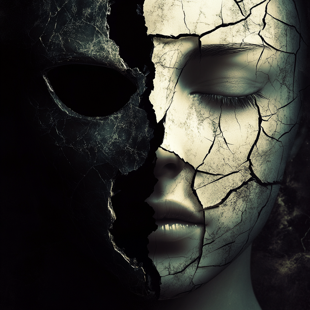 A person removing a cracked mask, revealing exhaustion and inner turmoil beneath a polished facade. Pretense, Emotional Drain, Inner Conflict, Authenticity, Psychological Cost, Self-Deception, Hidden Truth, Personal Growth, Energy Drain, Masking Reality.
