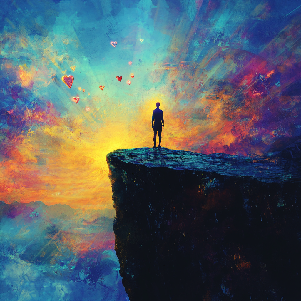 A person standing on the edge of a cliff, looking at a sunrise, surrounded by glowing symbols of positivity and spiritual transformation. The image symbolizes unlocking the truths within through the transformation of habits and values. Manifestation, Personal Transformation, Spiritual Growth, Positive Habits, Positive Values, Inner Truths, Self-Discovery, Mindset Shift, Quantum Physics, Neuroscience, Personal Development, Higher Self.