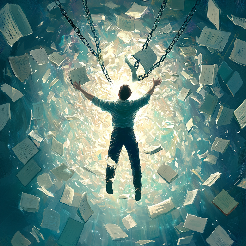 "Person breaking free from chains made of books, symbolizing the liberation of health knowledge from intellectual slavery. A bright, empowered future awaits." Health Knowledge, Intellectual Slavery, Personal Empowerment, Liberation, Health Freedom, Reclaiming Knowledge, Empowering Individuals, Holistic Health, Breaking Chains, Wellness Education