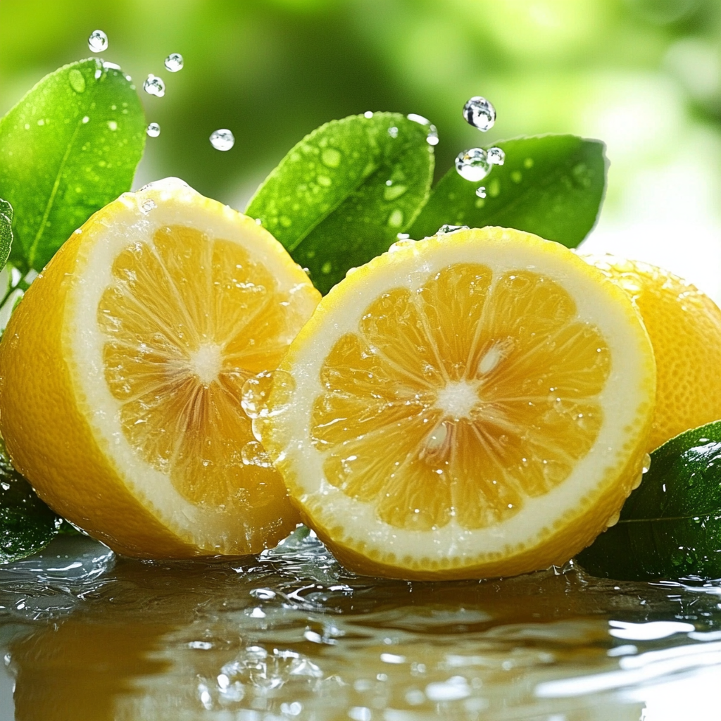 A fresh, sliced lemon with water droplets, representing purification and transformative change through natural remedies. Lemon, purification, detox, transformative change, natural remedy, mental clarity, body cleanse, health, spiritual renewal, detoxification.