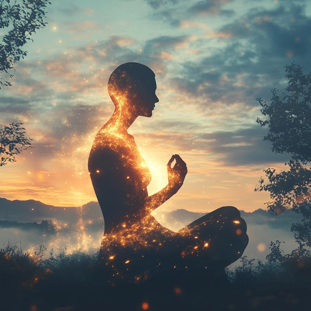Person practicing energy breathing in a tranquil natural setting, with soft light representing the power of breath and vitality. Energy Breathing, Breathwork, Vitality, Health, Meditation, Breathing Exercises, Inner Peace, Wellness