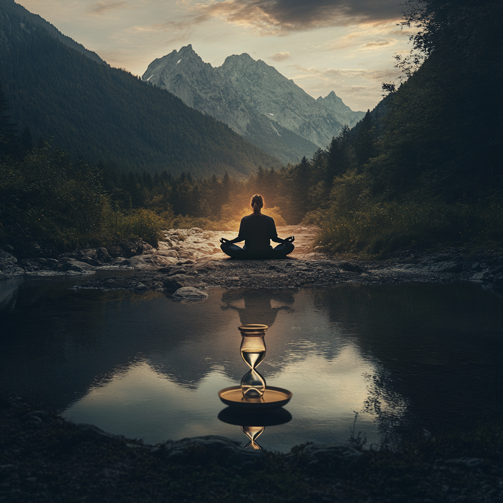 A person meditating by a calm river, symbolizing spiritual clarity and the benefits of fasting for self-discovery and emotional healing. Spiritual fasting, spiritual awakening, fasting benefits, self-discovery, emotional healing