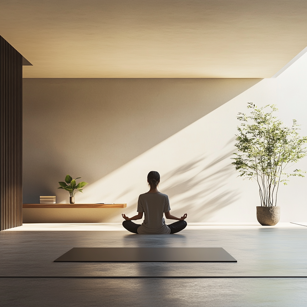 A person sitting in a minimalist, serene room, meditating or reading, representing the power of humility and the freedom from material wealth to achieve inner peace and authentic success. Humility, Inner Peace, Financial Freedom, Authentic Success, Personal Growth, Focus, Mindfulness