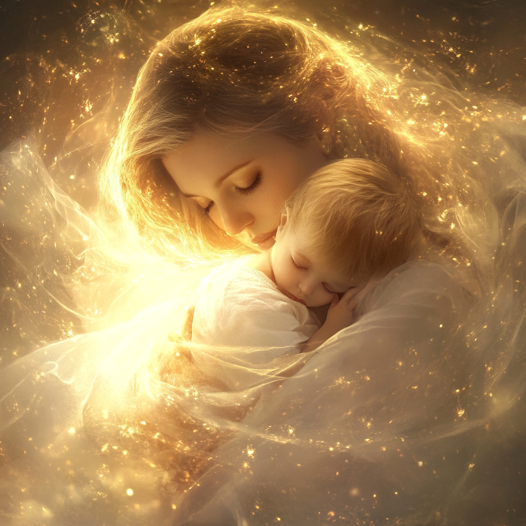 A mother embraces her child with glowing, ethereal light surrounding them, symbolizing the invisible and enduring power of a mother’s energy that shapes mental health and provides emotional resilience. Healing power, maternal energy, mental health, mother-child bond, emotional resilience, spiritual connection