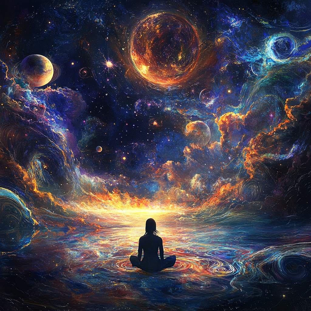 A person praying in a peaceful landscape, with energy waves radiating outward, representing the cosmic impact of rituals. Physics of rituals, prayer, universe, energy, spiritual connection, rituals' impact, cosmic energy, meditation, spirituality.