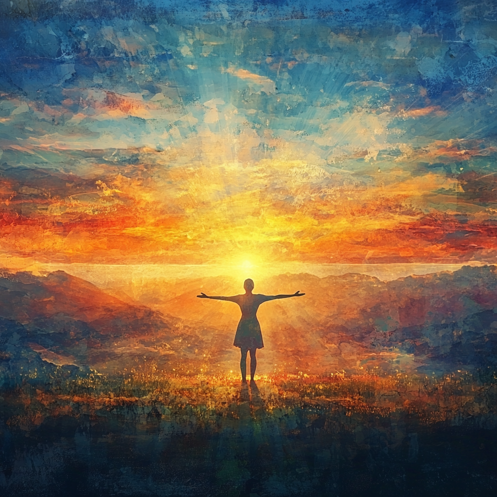 A figure standing with open arms at sunrise, symbolizing the embrace of divine blessings and alignment with the universe's purpose, reflecting strength, harmony, and spiritual growth. Divine blessings Financial power Spiritual growth Purposeful living Gratitude Universal laws Wealth with purpose Empowerment Alignment with divine