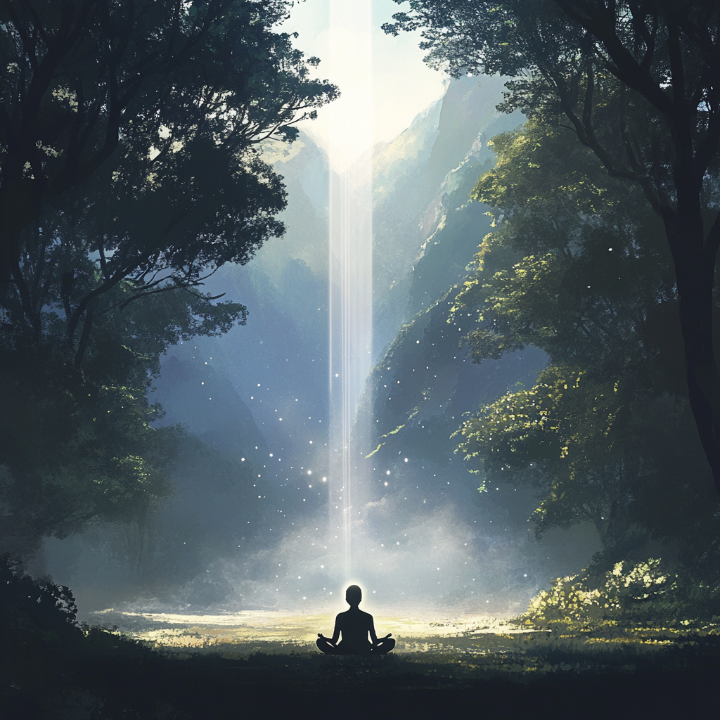 A peaceful person meditating in nature, surrounded by a glowing light, symbolizing the spiritual and emotional cleansing of detoxification. Detoxification, Spiritual Cleansing, Inner Peace, Elevate the Soul, Mental Detox, Emotional Healing, Holistic Wellness