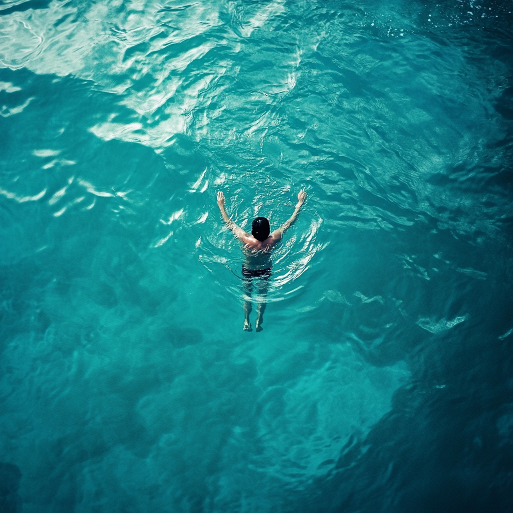 A person swimming in clear blue water, representing the healing benefits of swimming for both physical and psychological health. Swimming, Healing, Organic Health, Psychological Health, Benefits of Swimming, Mental Clarity, Cardiovascular Health, Weight Loss, Stress Relief, Aquatic Therapy