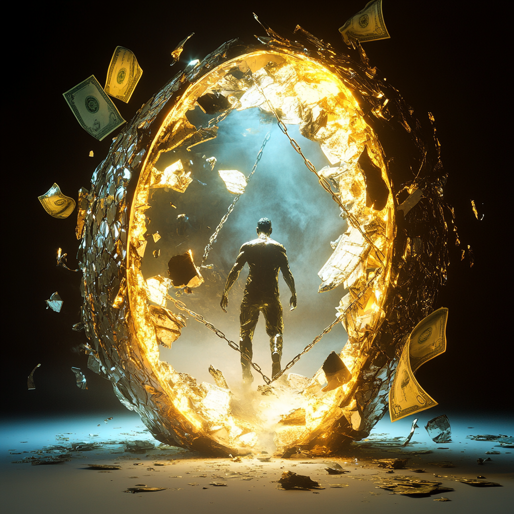 A symbolic image of shattered idols and broken chains, representing freedom from the hidden worship of materialism, fame, and illusions. Idolatry, modern worship, breaking chains, materialism, false gods, spiritual freedom, self-awareness, liberation, mindset shift.