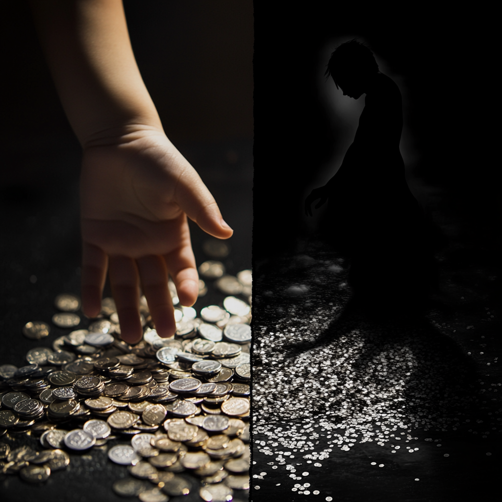 Child's hand reaching for coins with a shadowy figure behind, representing the complex relationship between money, children, and potential negative influences. Money and children, parenting, financial literacy, childhood values, materialism, raising responsible kids.