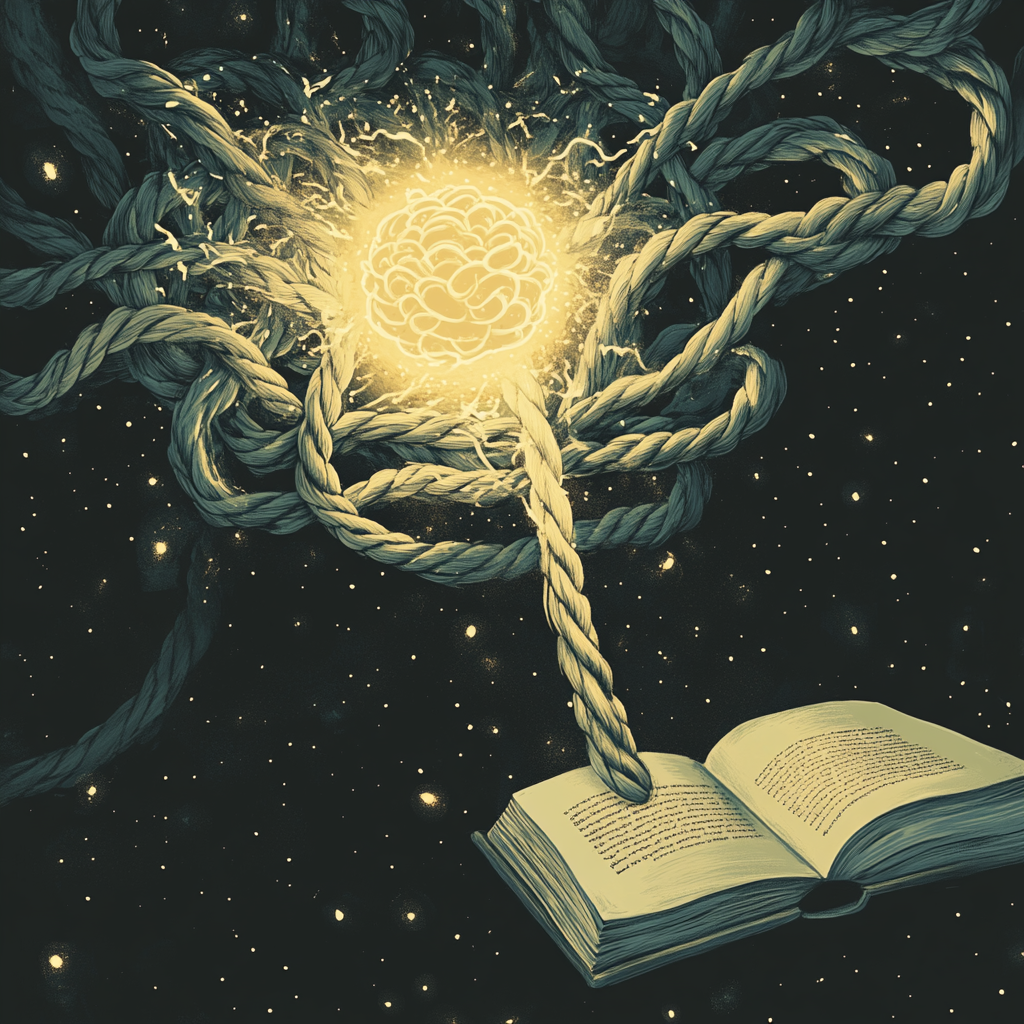 Stylized rope transitioning from tangled to straight, leading to light, symbolizing the journey of knowledge.