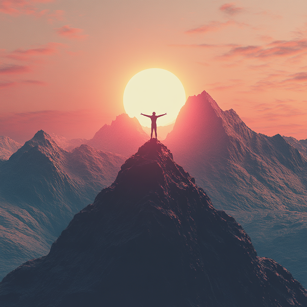 A person standing on a mountain peak at sunrise, symbolizing personal and professional growth through second chances. Second chances, personal growth, professional development, mindset shift, transformation, resilience, success, opportunity.