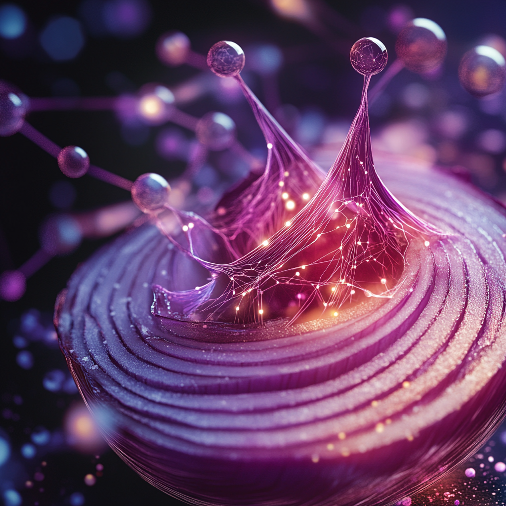 A sliced onion with glowing molecular structures representing its powerful health-boosting compounds. Onions, health benefits, antioxidants, food chemistry, natural remedies, sulfur compounds, immune system, nutrition, superfoods.