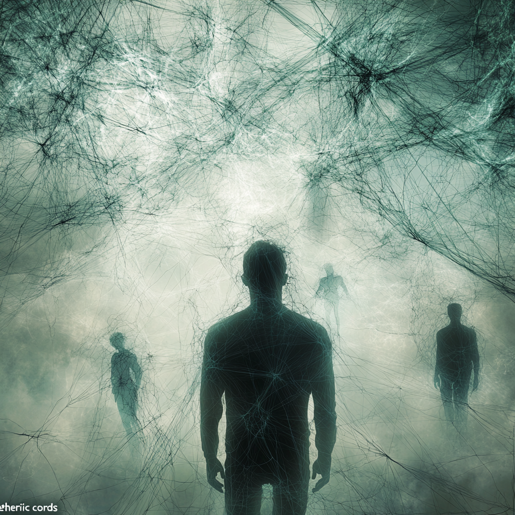An illustration showing a person connected to others through glowing etheric cords, with some cords disturbed by dark energy symbols, representing the impact of negative forces on relationships and mental health. Telepathy Etheric communication Energy cords Mental health Spiritual healing Relationships Emotional well-being Invisible threads Energy balance Psychic connections