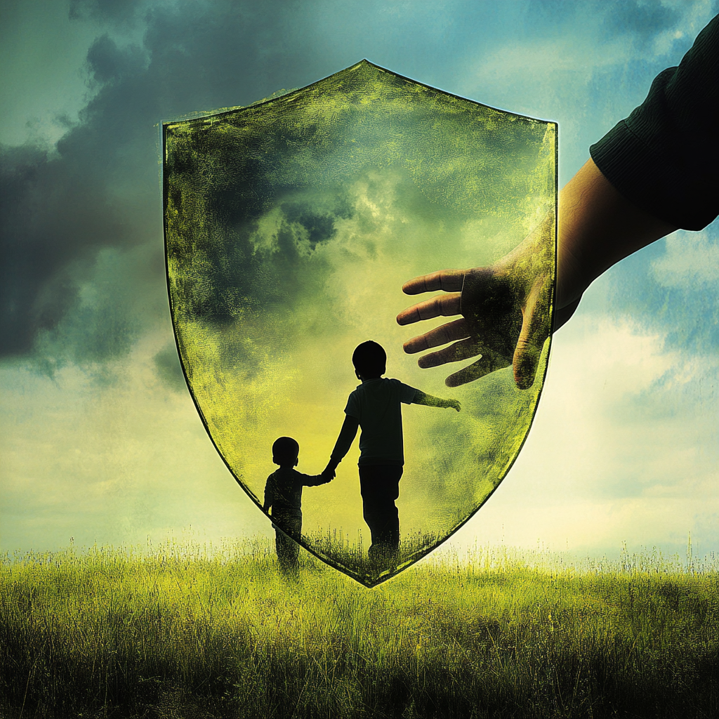 A balanced visual metaphor showing the concept of safety in relationships and parenting, where a person holds a shield to symbolize protection while creating space for growth and risk-taking. The image showcases both security and freedom, symbolizing the dual aspects of safety. Safety Relationships Parenting Emotional Security Risk-taking Trust Growth Autonomy Balanced Parenting Personal Development Emotional Resilience Fear and Control